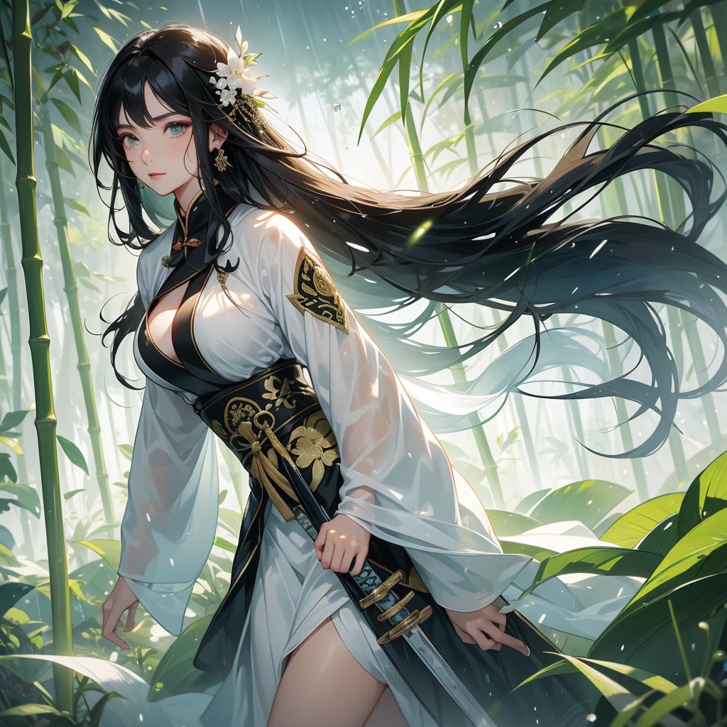 a beautiful woman black-haired female general holding a large sword in ancient Chinese general costume, the back-white is a lush green bamboo forest. the air after rain has water droplets splashing around.