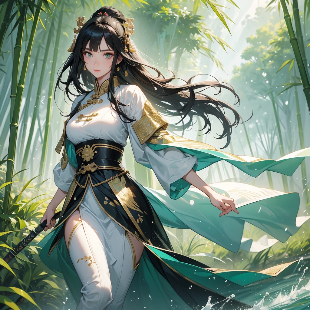 a beautiful woman black-haired female general holding a large sword in ancient Chinese general costume, the back-white is a lush green bamboo forest. the air after rain has water droplets splashing around.