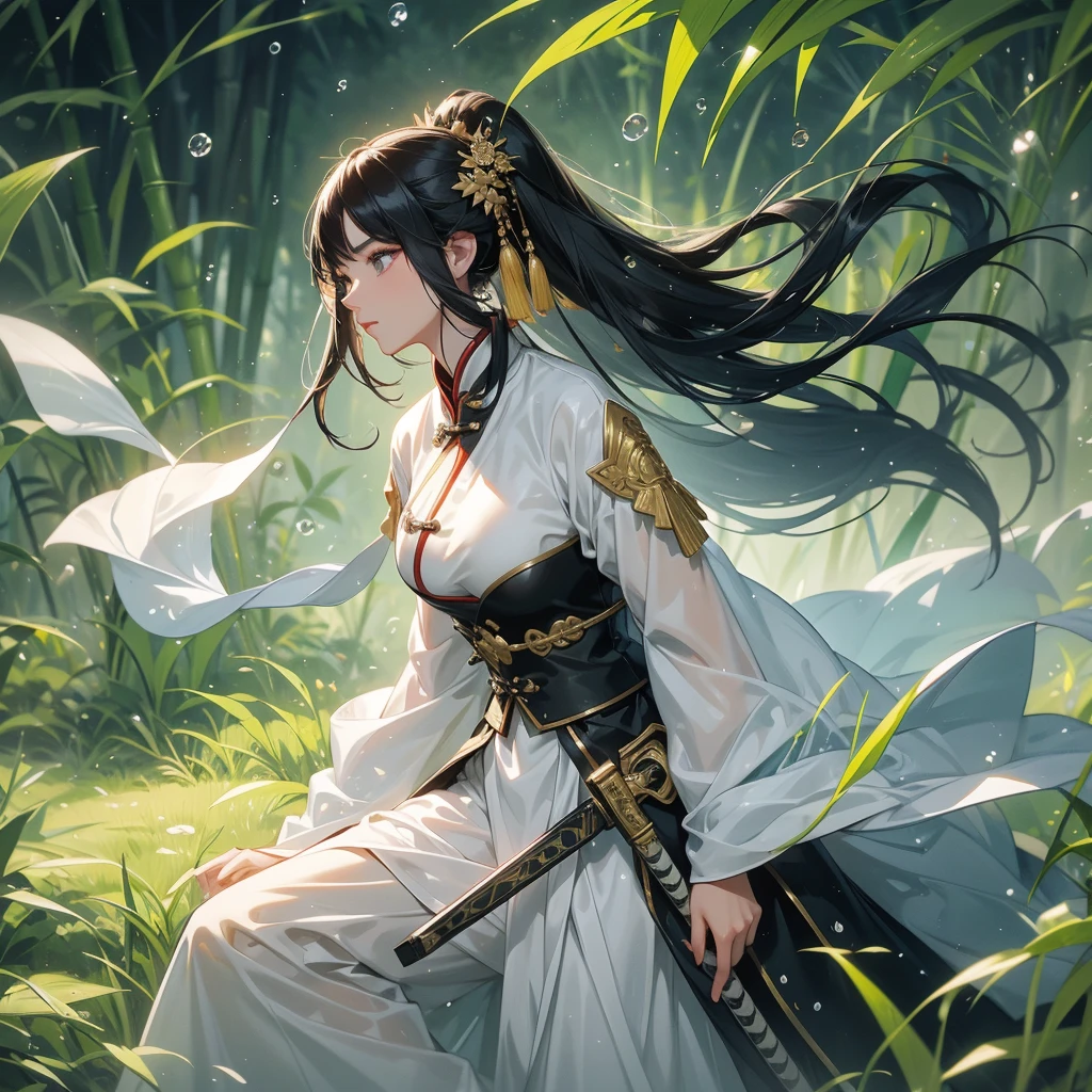 a beautiful woman black-haired female general holding a large sword in ancient Chinese general costume, the back-white is a lush green bamboo forest. the air after rain has water droplets splashing around.