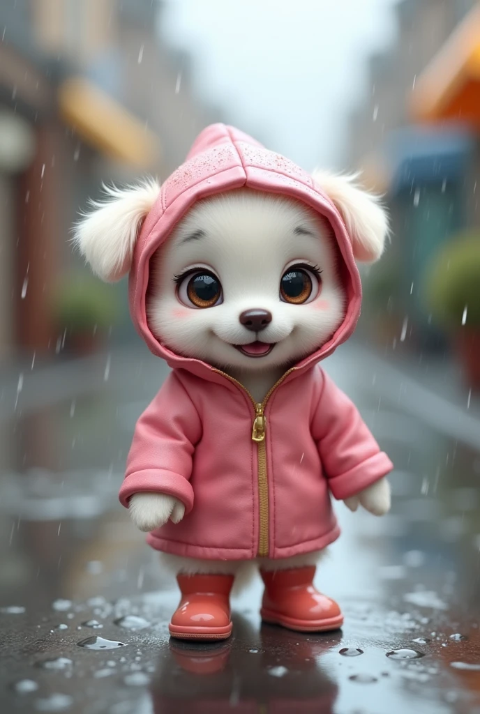 A cute white girl puppy with standing ears is standing in the rain wearing a pink raincoat and rain boots