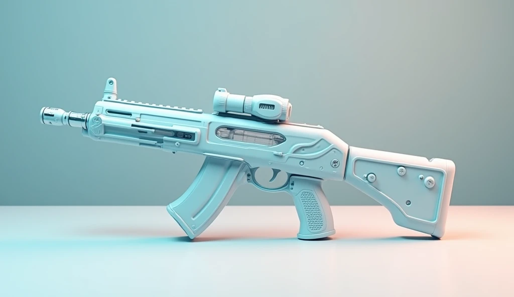 Mini double water gun toy，Integrated rifle mount，Q version，Simple surface pattern，Transparent magazine and scope recessed，(Similar structure to AK47)，(Double muzzle:1.3)，Smooth lines，Plastic material，Three-color Morandi color matching，high quality，Professional Product Photography，Table background，3d, OC Rendering，8K，