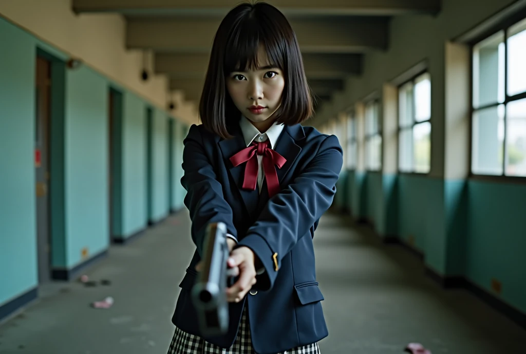Ultra-realistic, Wide Shot, 1 person, Japanese schoolgirl, Straight medium hair, A navy blue blazer with a red ribbon tie over a white dress shirt, Checked mini skirt, white calf, Have a machine gun、The gun is pointing this way, Kimura Fumino, Bokeh effect, Depth of written boundary, Ultra-realistic, Professional photography, Movie lightingThis image is、Sailor suit,She is wearing black knee socks and high heels.,Big guns,The gun is silver、She holds it firmly with both hands。Her expression was serious and、His gaze is fixed on me.,Overall image,indoor,Abandoned house,Abandoned Factory,