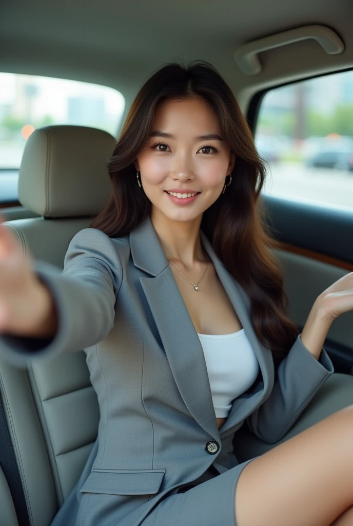 Company car,Woman in a suit,Grey suit,skirt,20th Generation,Japanese women,Passenger seat of a car,Light vehicle,Sitting in a car seat,Clear skin,Real,Brown Hair,Big Breasts,Shortcuts,White inner,With his left arm raised, he looks like he's taking a selfie,Big Breasts