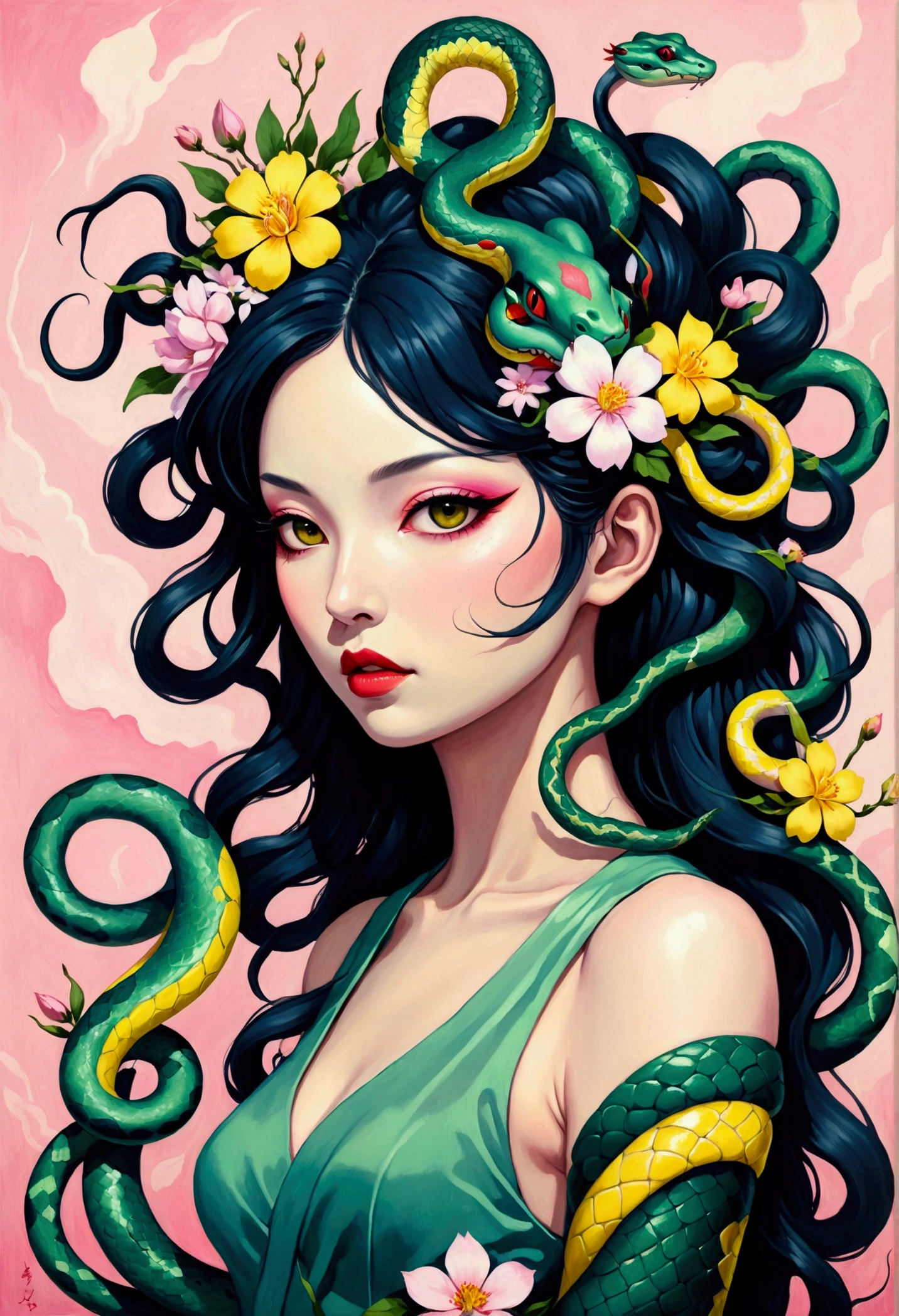 Oil painting of a woman with snakes and flowers in her hair, her many snakes as hair, Snake Face Woman, Juster Battle, Snake Woman, Snake Queen, Japanese pop surrealism, Loish |, inspired By Martin Johanna, Snake Woman hybrid, Inspired by Harumi Hironaka, Hybrid snake, By Martin Johanna