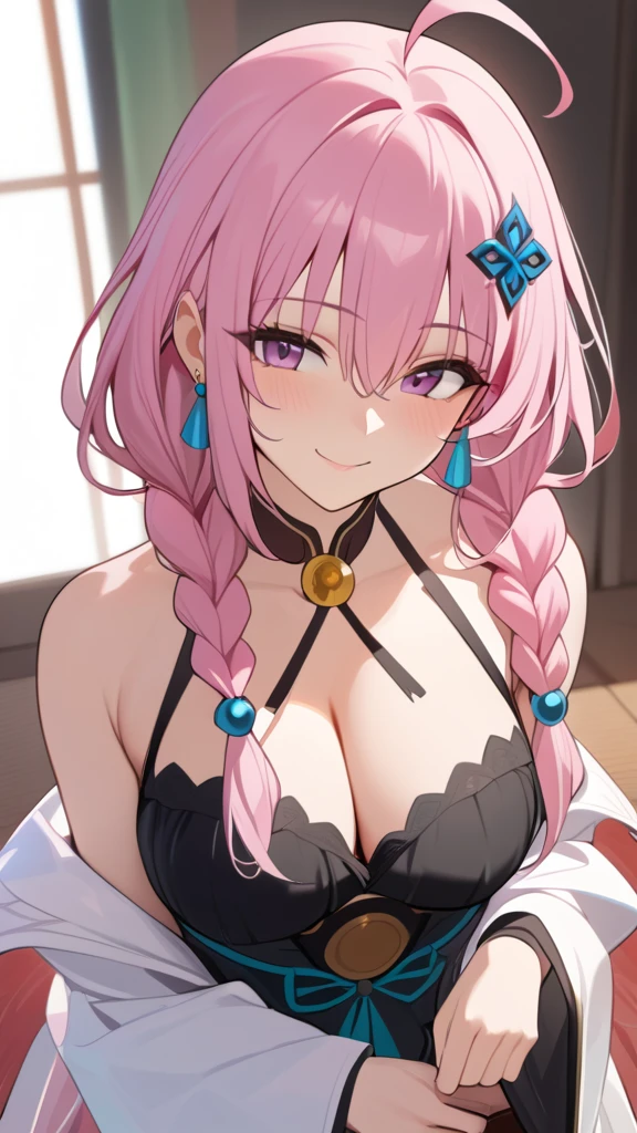 (Masterpiece, best quality:1.2,) \(mingchao/changli\), 1girl,solo,long hair,hair ornament,pink hair,cleavage,bare shoulders,ahoge,bangs,smile,closed mouth,braid,upper body,hair between eyes,off shoulder,multicolored hair,twin braids,earrings,