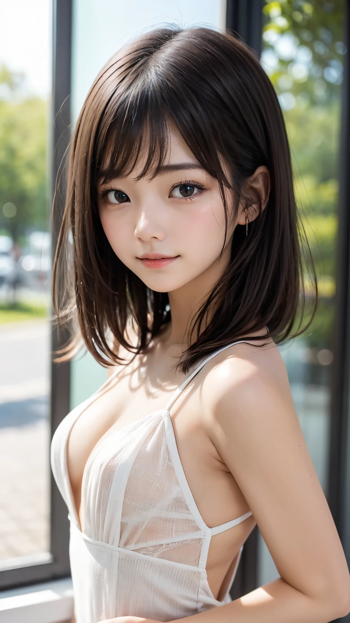 (Beautiful girl alone:1.5、1、Baby Face:1.3)、((ID photo of upper body:1.2))、(((front:1.2)))、Slender body line、((See-through dress:1.3))、((Hair should flow down the back:1.3))、Beautiful Face、Beautiful symmetrical eyes、high nose、Moisturizing lips、((Part your bangs to show your forehead:1.2))、Long eyelashes、double eyelid、(Small small breasts:1.5、Cleavage)、light makeup、(Highest quality、Masterpiece、Ultra high definition、Highest quality、Reality:1.37)、(View the viewer:1.2)