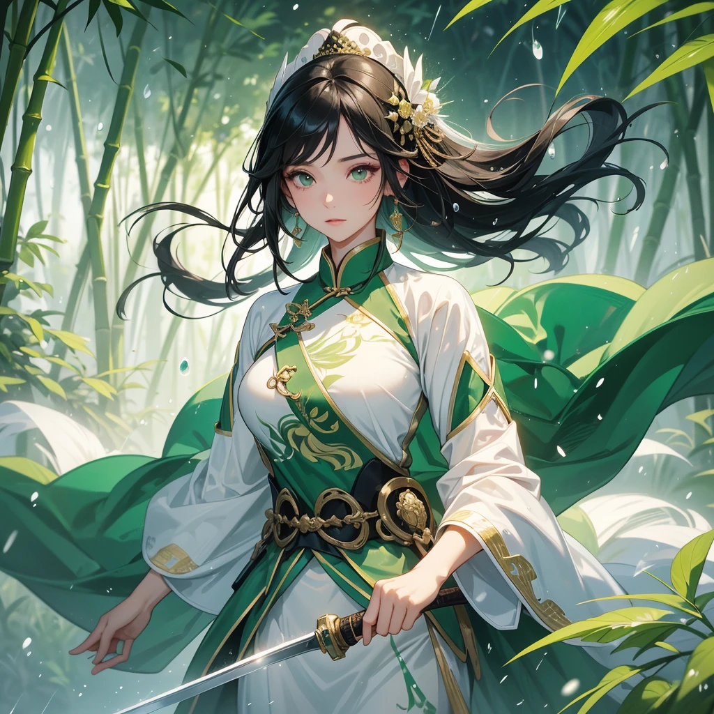 a beautiful woman black-haired female general holding a large sword in white-green ancient Chinese general costume, the back is a lush green bamboo forest. the air after rain has water droplets splashing around.