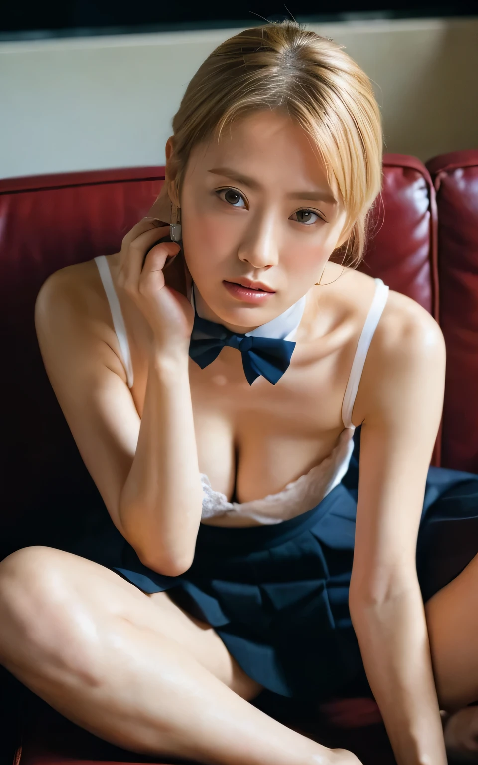 You are a professional photographer, Sex Appeal, Albedo and specular maps, (Realistic:1.3、ultra HD、Ultra-high resolution、8k)、Attention in the armpits、((Audience:1.8))、(Extremely realistic skin texture:1.4)、(Realistic:1.3)、((Embarrassed look:1.5))、(bionde:1.5)、(Face close-up:1.2)、(Sweaty:1.2)、From above, (Even from above the clothes, the nipples are clearly visible, The crotch cleft is clear, Super beautiful bare feet:1.5), (Wearing a uniform without a bra, Pink Shirt, Navy Skirt, A bow tie, Tuck the shirt inside the skirt,Chest is taut:1.6), (she is lying on the sofa, she'Always ready for sex, Please kiss my dick, Open your lips slightly:1.6), (she's room, Cute Wallpapers:1.4), ((20-year-old, Beautiful Schoolgirl, naughty lips, blush, My hair is messy, Body facing forward:1.4)), (Small breasts, Flat Chest, chest is slightly drooping:1.2), Eye focus, Watery eye, Narrow shoulders, Beautiful clavicle, Thin arms, Thin legs, Slim figure, Soft belly, Tight waist, Ultra detailed face, super detailed breasts, Ultra-detailed skin, Ultra-detailed lips, Fuller lips, Thick and soft lips, Glossy Lips, White teeth, Beautiful actress makeup, Compensate, Dark lipstick, Dark brown hair, Delicate and soft hair, Let your hair down, Fluffy short bob, Sweep your bangs to the side, Stylish earrings,necklace,