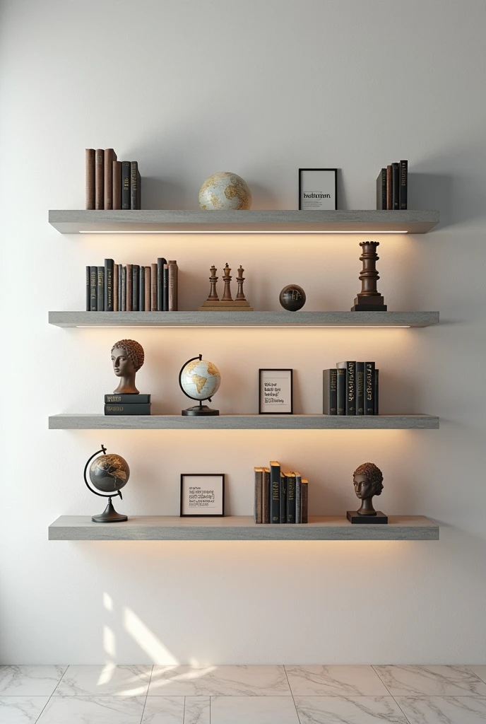White 3 step concrete shelf wall background containing
philosophy 6 books,clock,1 world globe, chess pieces, some 3 frame of moral paintings in small size frame, beautiful lighting, luxury look every thing give and close view of wall