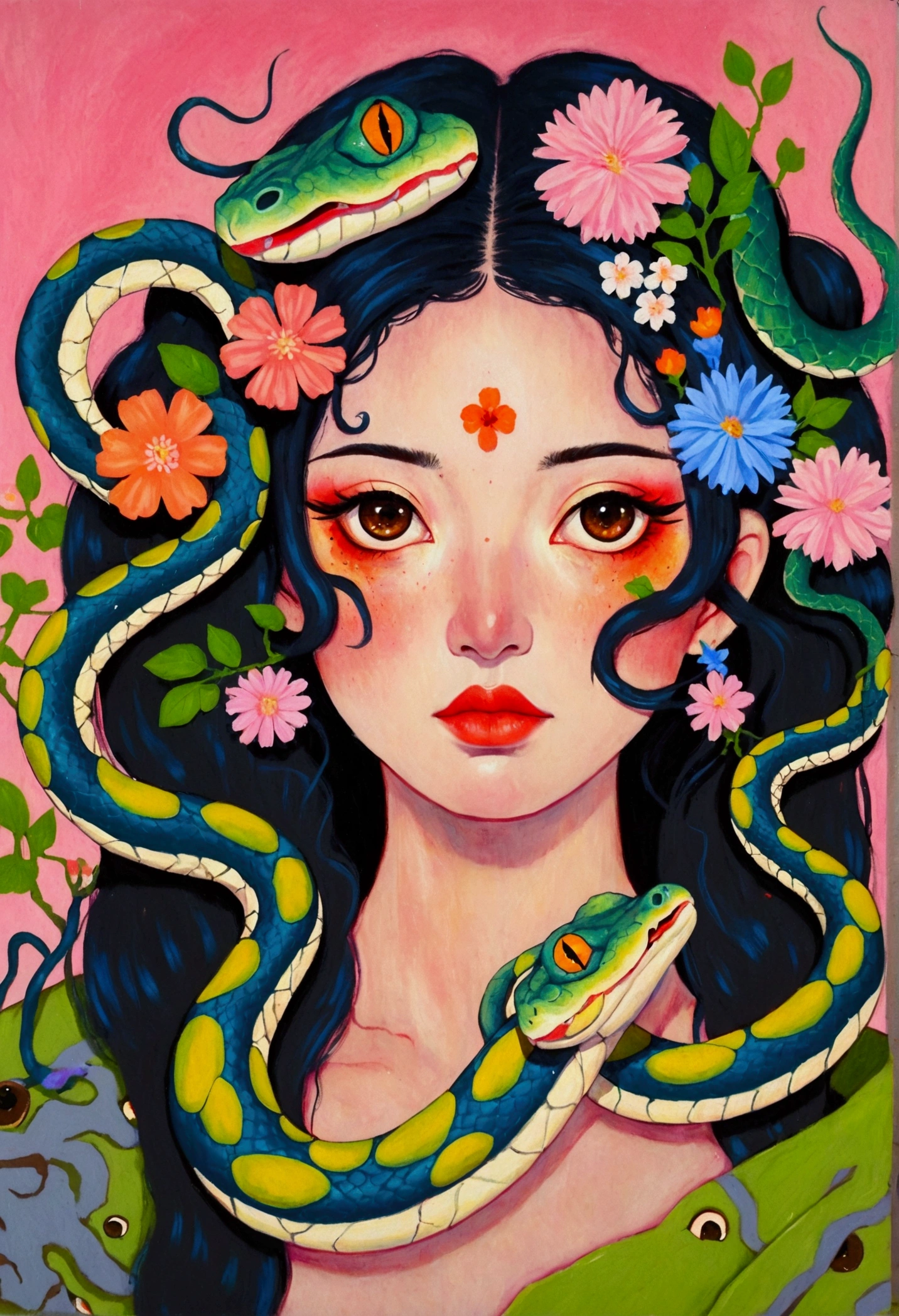 A beautiful girl,A painting with a pink flower on the head, Snake Face Woman, Ms. Entropy,