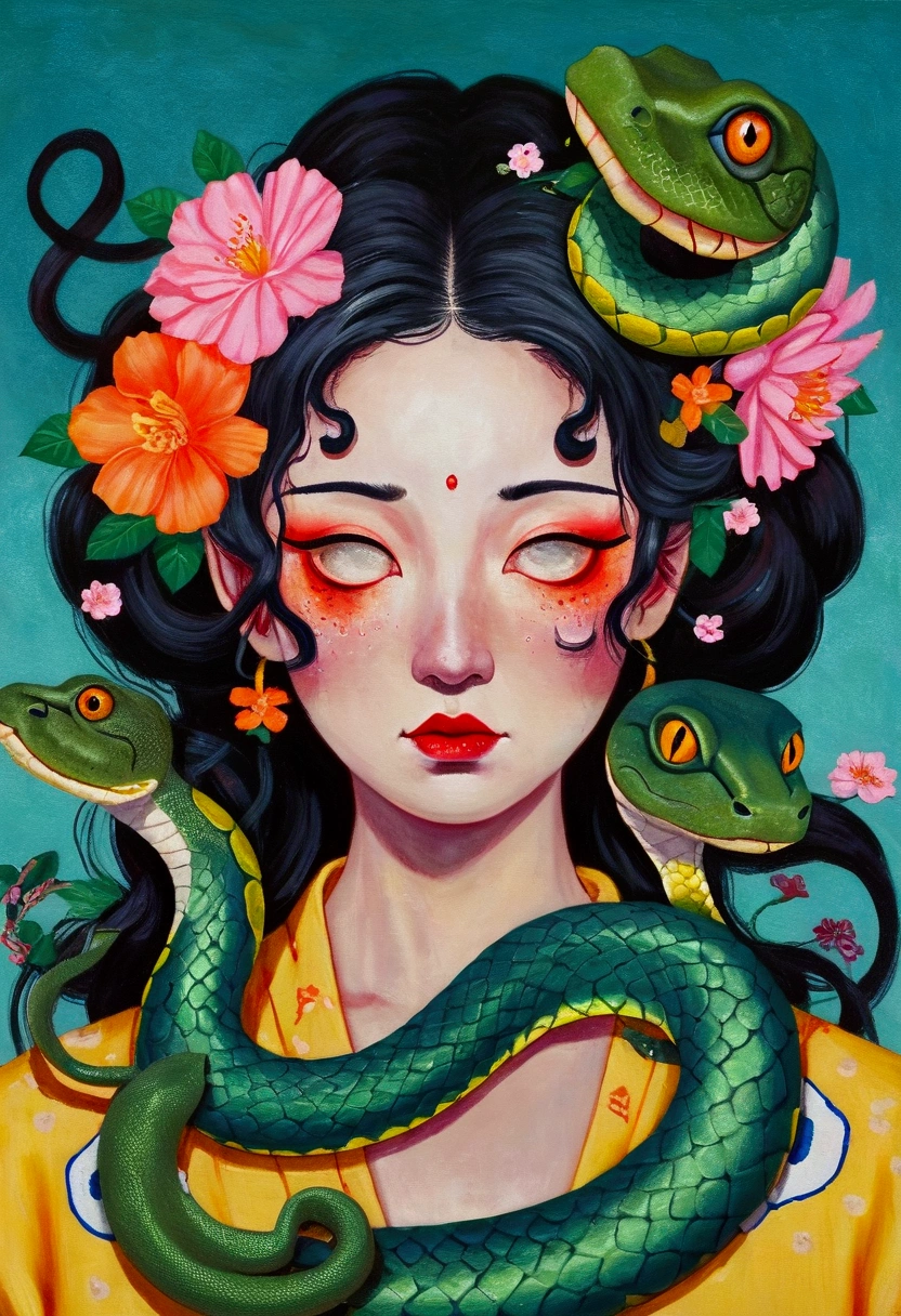Oil painting of a woman with snakes and flowers in her hair, her many snakes as hair, Snake Face Woman, Juster Battle, Snake Woman, Snake Queen, Japanese pop surrealism, Loish |, inspired By Martin Johanna, Snake Woman hybrid, Inspired by Harumi Hironaka, Hybrid snake, By Martin Johanna