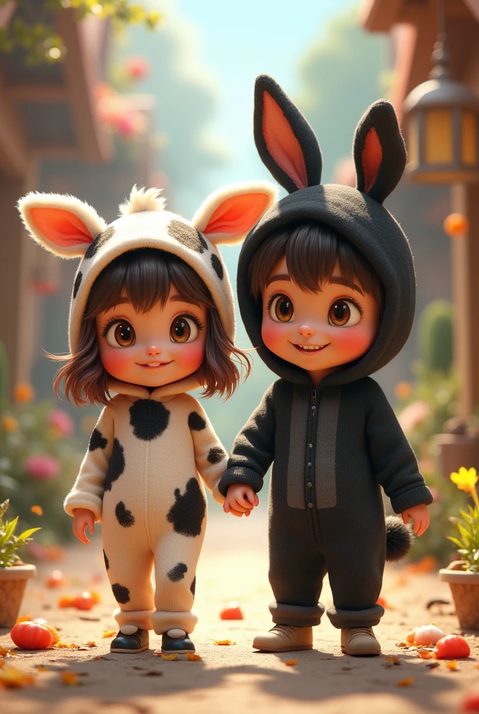 DISNEY PIXAR GIRL WITH BROWN EYES DRESSED AS A COW HOLDING THE HAND OF A BOY WITH BROWN EYES DRESSED AS A BLACK RABBIT