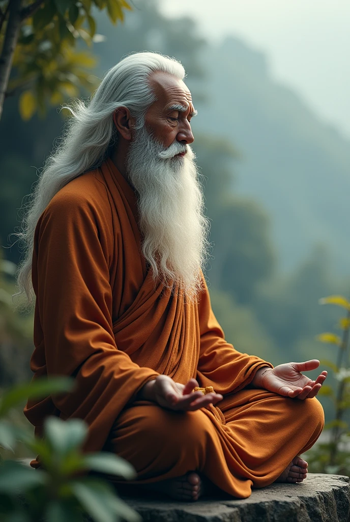 Old buddisht Monk White Beared White long Hears Close eyes sitting side way