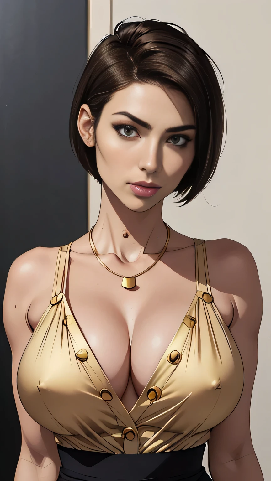 photo of mlp Meowko, RAW, beautiful woman, ((portrait)), ((detailed face:1.2)), ((anime face, anime facial feature, beautiful anime mouth, clear skin, clear skin), (short  haircut, one shaved side, brunette: 1.55),  (perfect proportioned body, Strong, muscular, narrow waist, narrow hips, skinny, large breastsht skirts, high-waisted pencil silk skirts, simple silk dresses, gold buttons, asymmcal sheer, geometric, Elegant and luxurious materials and designs, Simple, minimal accessories, Slim necklaces and rings in silver or gold, Simple bangles, Distinctive designs:1.1), simple silhouettes, vestido rojo, plunging neckline, deep v, cleavage, chic andimpression, simple phisticated style, elegance, minimalism, high quality materials, cool and urban impression, high fashion,  (realistic photo, best quality, detailed), (8k wallpaper), (cinematic lighting, beautiful light, (day:1.3)) (sharp focus, intricate)