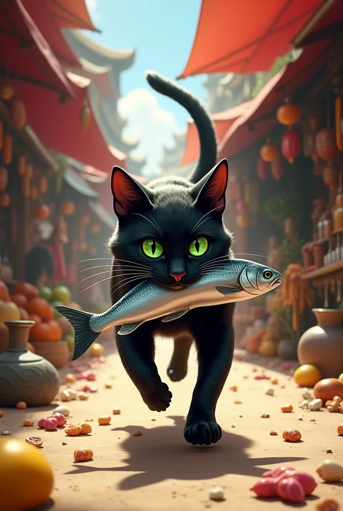 A black cat runs forward in a market with many people, holding a fish in its mouth