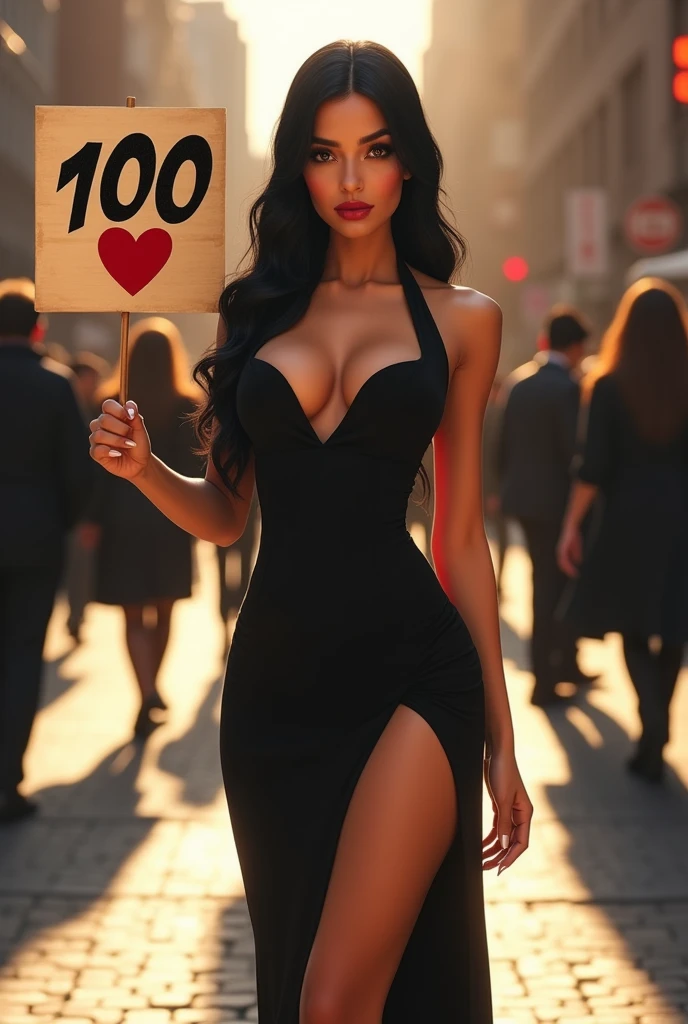 photo realistic, ultra realistic, masterpiece, best quality, highres, absurdres, woman in a crowd, wearing a elegant tight slit dress, long black straight hair, elegant perfect hair, (30 years old, hazel eyes, hourglass figure, perfect fit body, natural big breasts), femme fatale, she is a sex icon, she is a sex goddess, long eyelashes, cat-eye make-up from below, revealing clothes, skindentation, outdoors, sunlight, street, looking at viewer, blush, full body pictureshe is holding a sign with "100" writtin in cursive on it with a red heart next to it, she is smiling at the camera