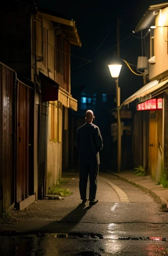 Deformation,loneliness,Put the character in the center,Take a fairly wide shot of the background,lonely,Yoboyobo's grandfather,90 years old,Bald,Pajamas,Dark road in a residential area at night,Standing under a street light and looking at the viewers,Question,Mouth open,