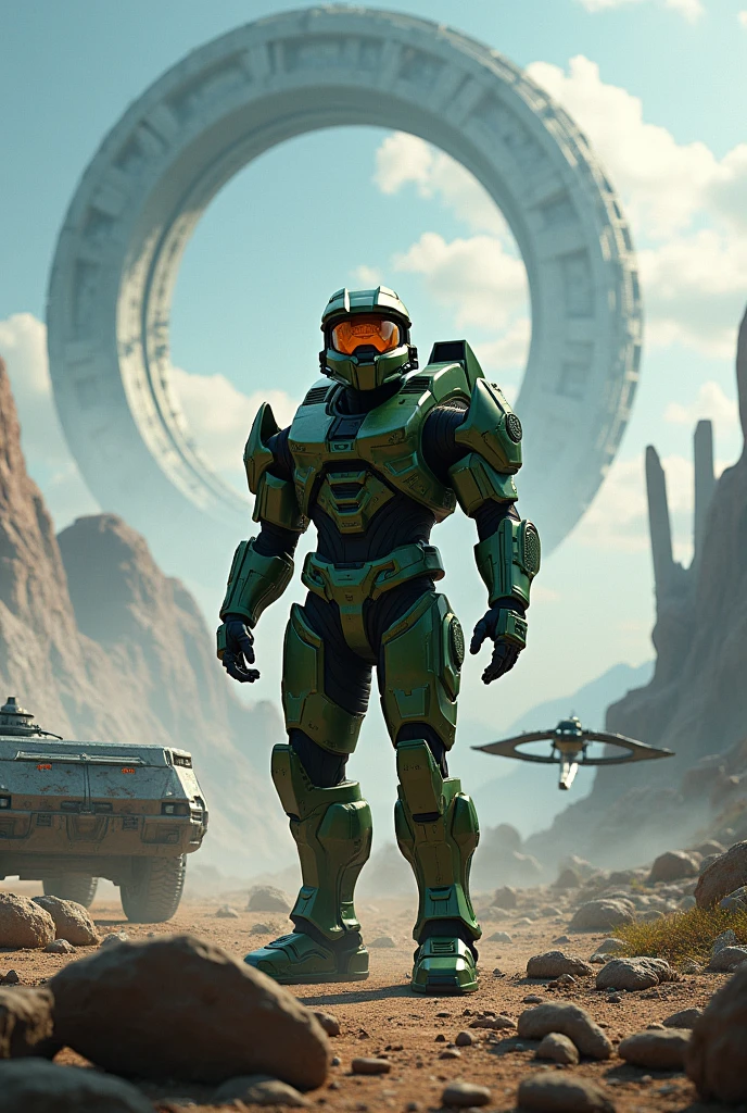 To create a picture of the world of Halo, It depicts a futuristic landscape with a floating space ring on the horizon and metal structures. Includes iconic characters like Master Chief in his green armor, vehicles like the Warthog and spaceships like the Pelican. Add details like futuristic weapons and alien structures to capture the essence of the Halo universe.