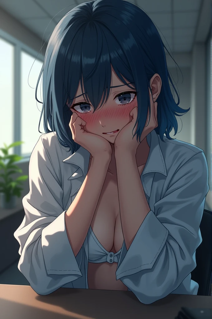 White girl, dark blue hair, sobing, blushing, covering face, oversized unbuttoned dress shirt, white bra, office.