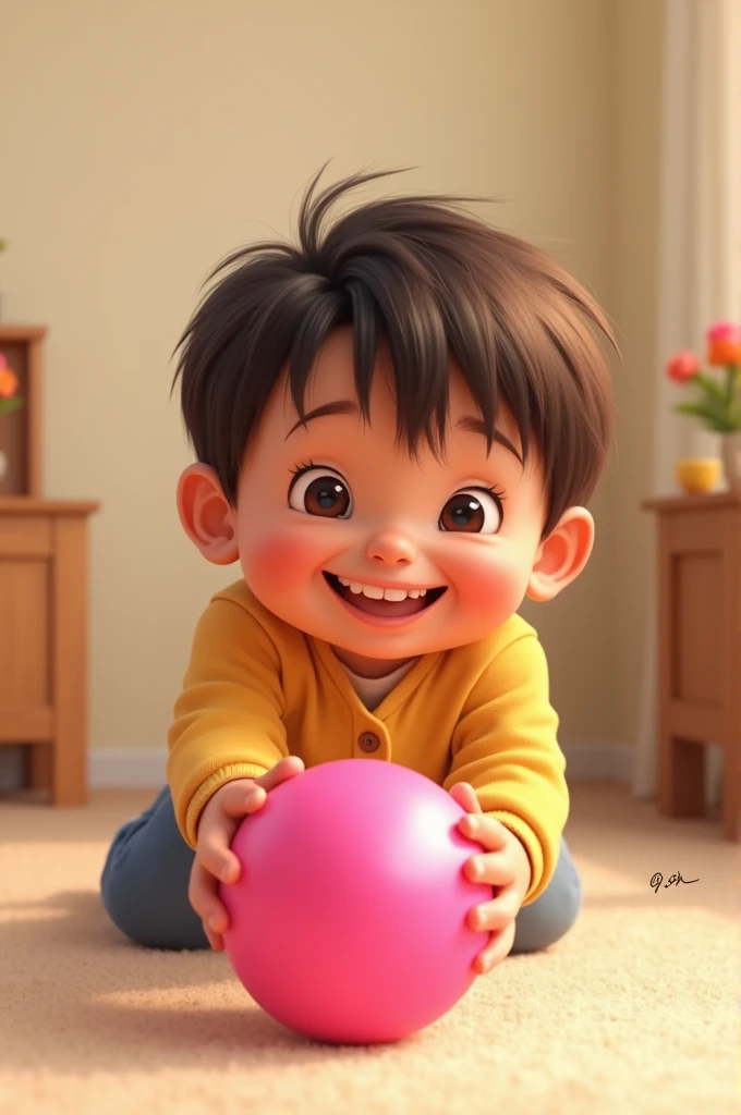 Child picking up a pink ball from the floor, With a smile on his face