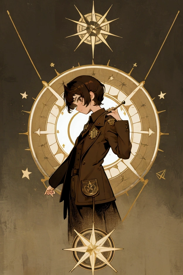 The image features a stylized silhouette of a person against an ornate background.. The silhouette appears to be that of a character with short hair, brown-colored, Looking slightly to the left. The character is wearing what appears to be a high-collared jacket with a badge or emblem on the front..
Behind the silhouette, There is an intricate design that resembles a compass rose or a starburst pattern, with multiple points extending outward. This pattern has layers of geometric shapes and lines, creating a sense of depth and complexity.
The background features various shades of yellow and brown., giving it an aged or vintage look. There are also bright motifs scattered around the edges that resemble stars or flashes of light., which adds to the magical or celestial theme suggested by the central design.