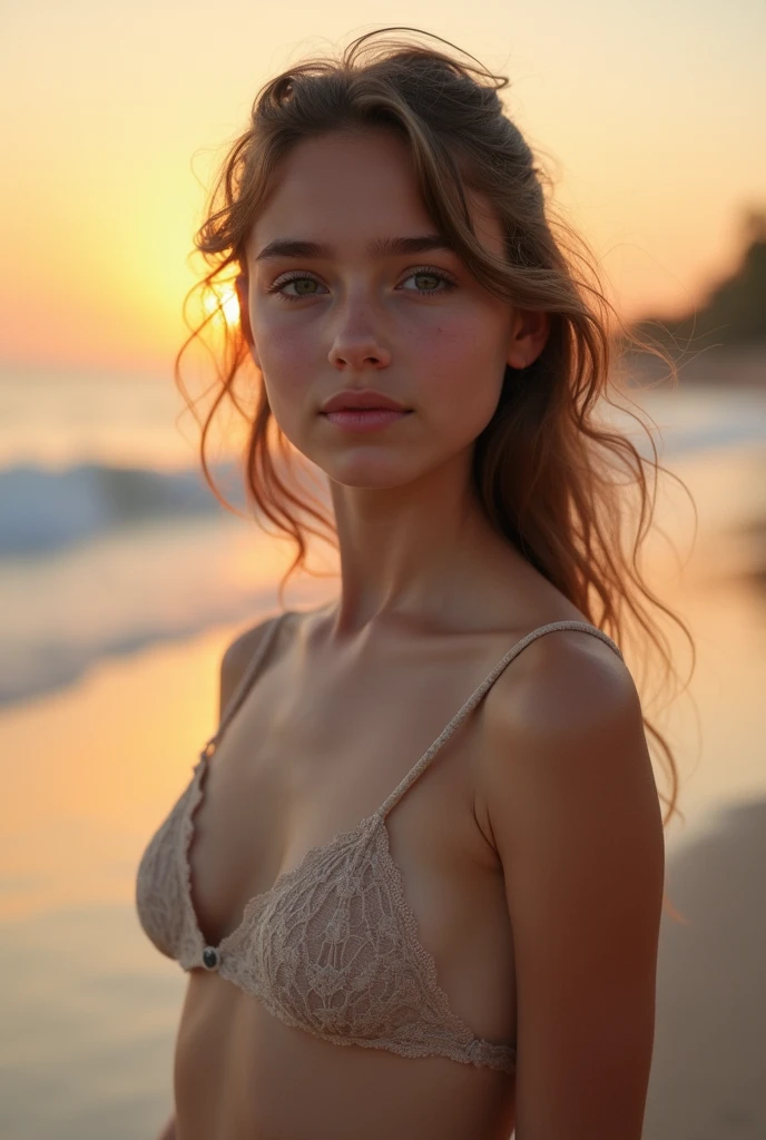Realistic photography,young ten beach girl.  open shoulders, open navel ,,Beautiful  girl, cutie, stands on the beach ,sunset Shot in the knees,(skinny:1.3),Aesthetic work of art, intricate light brown hair, , Realistic details, perfect proportions, Full length photo, very beautiful, very thin body, posing, pout, looking straight into the camera,high detail, Sharp Focus (natural light),, Crazy details, complex parts, hyperdetailing