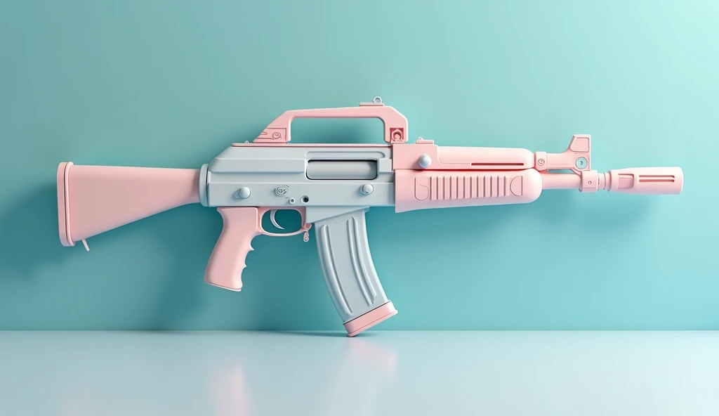 Mini double water gun toy,Integrated rifle mount,Q version,Simple surface pattern,Transparent magazine and scope recessed,(Similar structure to AK47),(Double muzzle:1.3),Smooth lines,Plastic material,Three-color Morandi color matching,high quality,Professional Product Photography,Table background,3d, OC Rendering,8K,