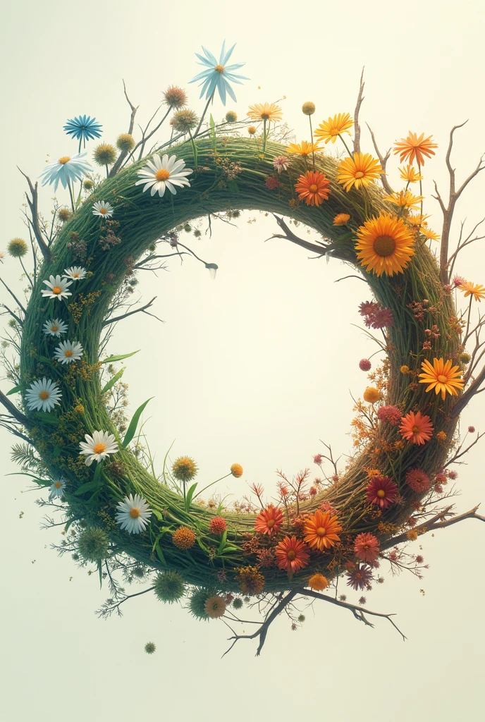 Celluloid style,Japanese anime style,With flowers,Bone,Grass,Dead Branches,The ring composed。{The focus of the composition is on the outside of the ring:1.4},{There is a large blank space in the middle of the ring:1.4},The ring shows the four solar terms of spring, summer, autumn and winter..