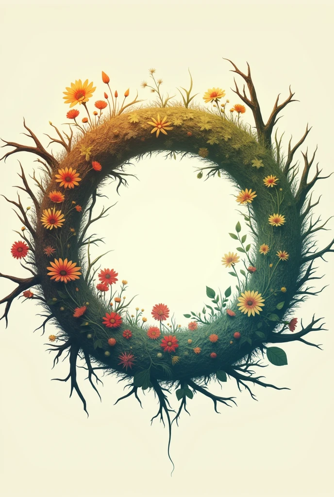 Celluloid style，Japanese anime style，With flowers，Bone，Grass，Dead Branches，The ring composed。{The focus of the composition is on the outside of the ring:1.4},{There is a large blank space in the middle of the ring:1.4},The ring shows the four solar terms of spring, summer, autumn and winter..