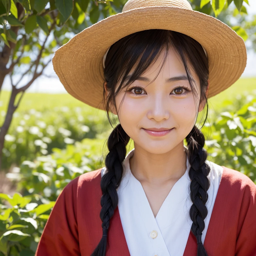 Environmental portrait of a Japanese female farmer in her 40s。 Slight facial asymmetry、Round face and red cheeks、Bright Eyes、Small Nose、Sweet smile、Long black hair braided in a wide hat、She&#39;s  and wears a plaid shirt and work boots.、Standing in a wheat field。