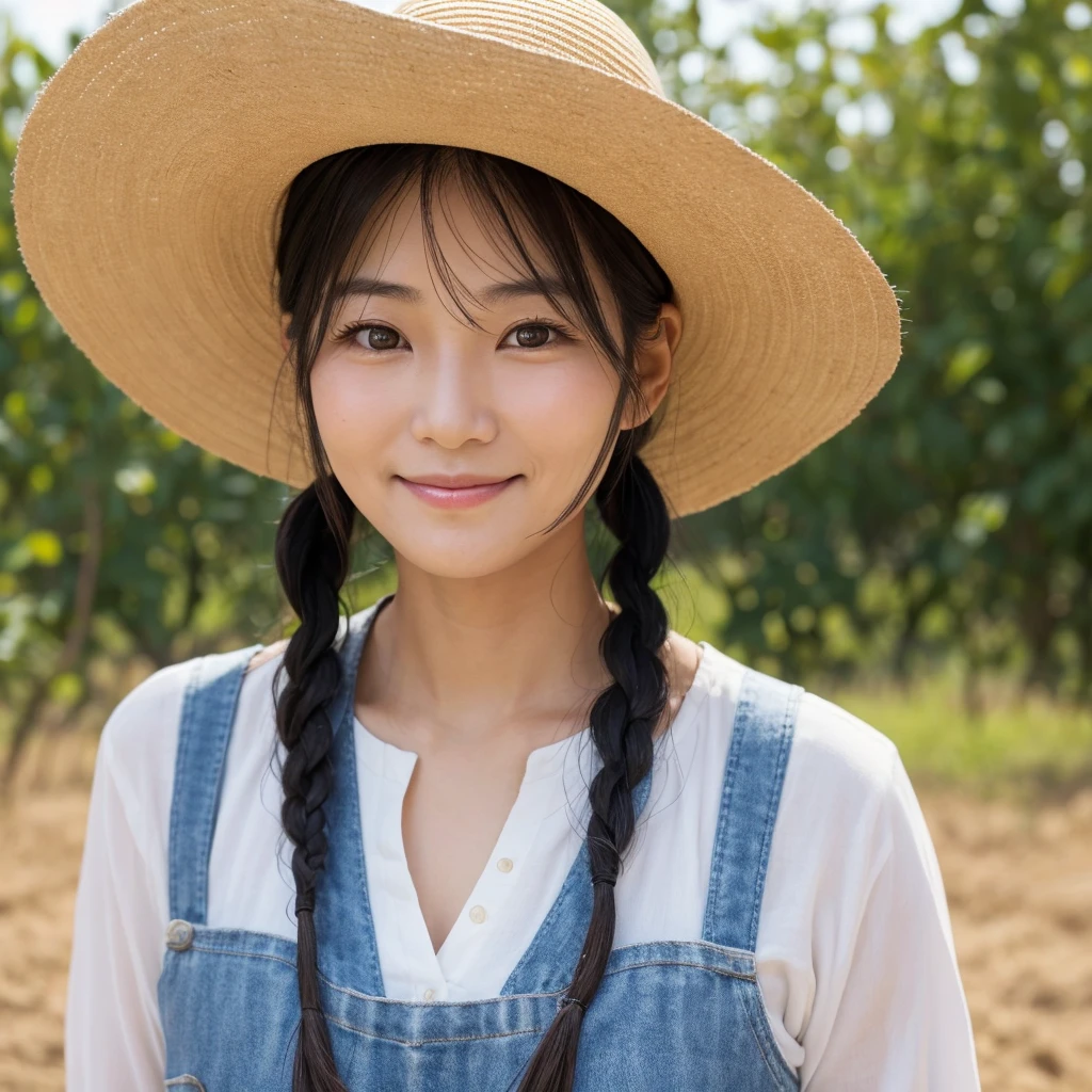 Environmental portrait of a Japanese female farmer in her 40s。 Slight facial asymmetry、Round face and red cheeks、Bright Eyes、Small Nose、Sweet smile、Long black hair braided in a wide hat、She's and wears a plaid shirt and work boots.、Standing in a wheat field。