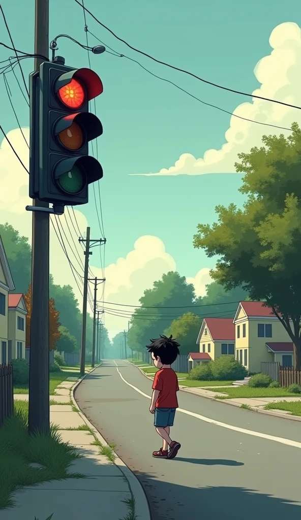 One day, a special traffic light (Tim) noticed a boy named Max walking home from school, looking sad and distracted.