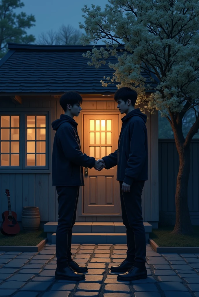 1 From a bit higher Two young men in dark jackets don&#39;t wear night bags quietly meet shaking hands in front of a village house ,A wooden house with dim lighting, there is a guitar, there is a jasmine tree in front of the house of one of the young men. 