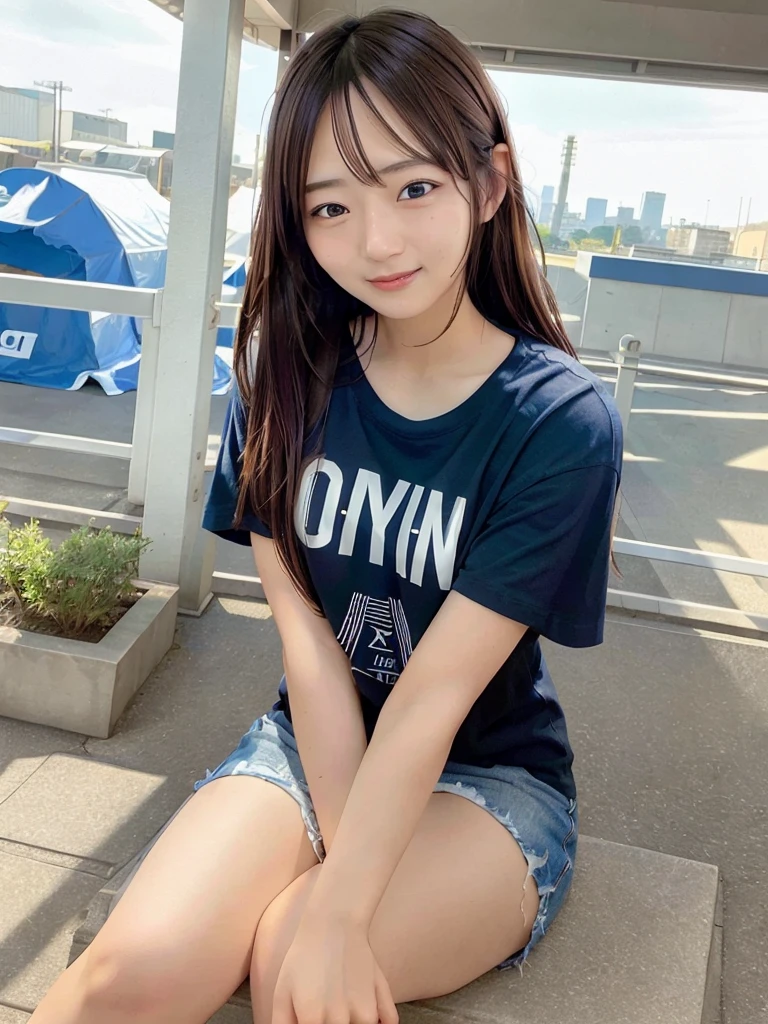 (skin blemish:0.8), (skindentation), black eye, 1woman, 25yo, (((woman))), solo, realistic, best quality, photorealistic, masterpiece, 8k, high res, solo, extremely detailed face, (professional lighting, bokeh), (light particles, lens flare, glowing particles:0.6), (dynamic pose:0.8), soft lighting, top angle view, fashionable and trendy atmosphere, Japan, tokyo, playground, street, city, shop, river, ((daytime)), sky, ((looking at the viewer:1)), (looking at the camera),(portrait:0.6), cowboy shot, gorgeous, sitting, hands down, keep original facial proportion, wide shoulder, full body, (medium breast), (long hair), brown hair, floating hair, lips, lipstick, seductive smile, floating hair, smile, open_mouth, teeth, T-shirt, round neck T shirt, shorts, jeans, eyelashes, mole, (mole under eye:1),   