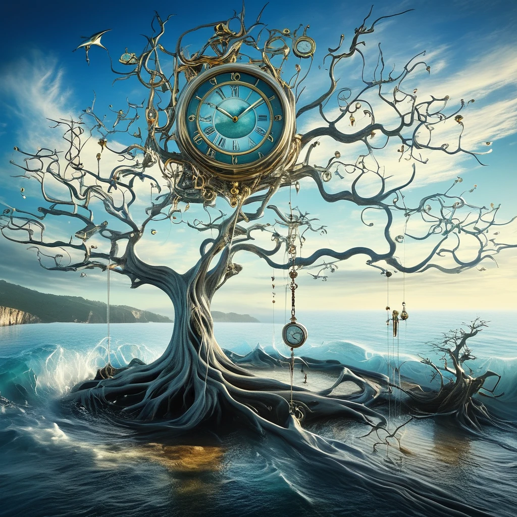 Surreal, A melted clock hangs from a dead tree、A Salvador Dali-esque landscape set in a vast ocean。, endless sky. The clock represents the periodicity of time., The distorted shape symbolizes the fluidity of perception..