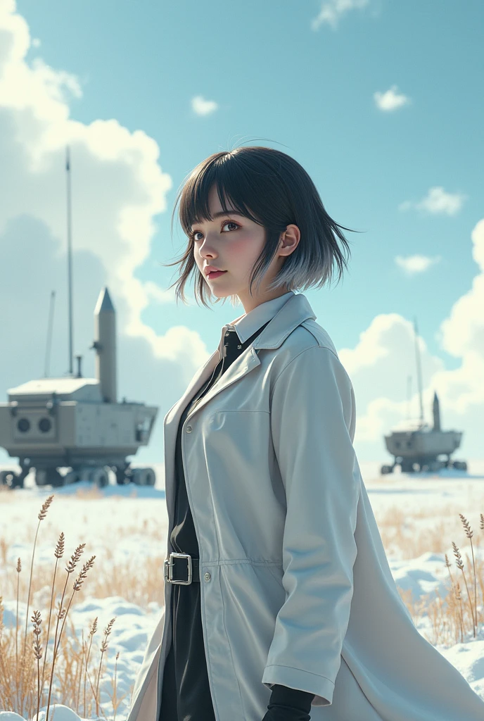 Ring World,Science Fiction,Sci-Fi Movies,Artillery,Long-Range Missiles,Based on the movie Foundation ,Woman,Adult,Protagonist,2,hopeful face,brown eyes,short hairstyle,black hair with white gray,scientist uniform,white researcher coat,open meadow,rebel,chaotic,future world,world of socialism,snow,chaos