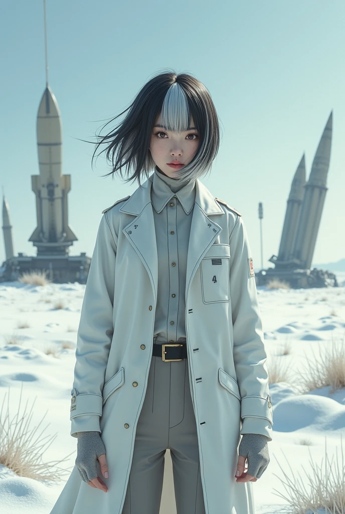 Ring World,Science Fiction,Sci-Fi Movies,Artillery,Long-Range Missiles,Based on the movie Foundation ,Woman,Adult,Protagonist,2,hopeful face,brown eyes,short hairstyle,black hair with white gray,scientist uniform,white researcher coat,open meadow,rebel,chaotic,future world,world of socialism,snow,chaos