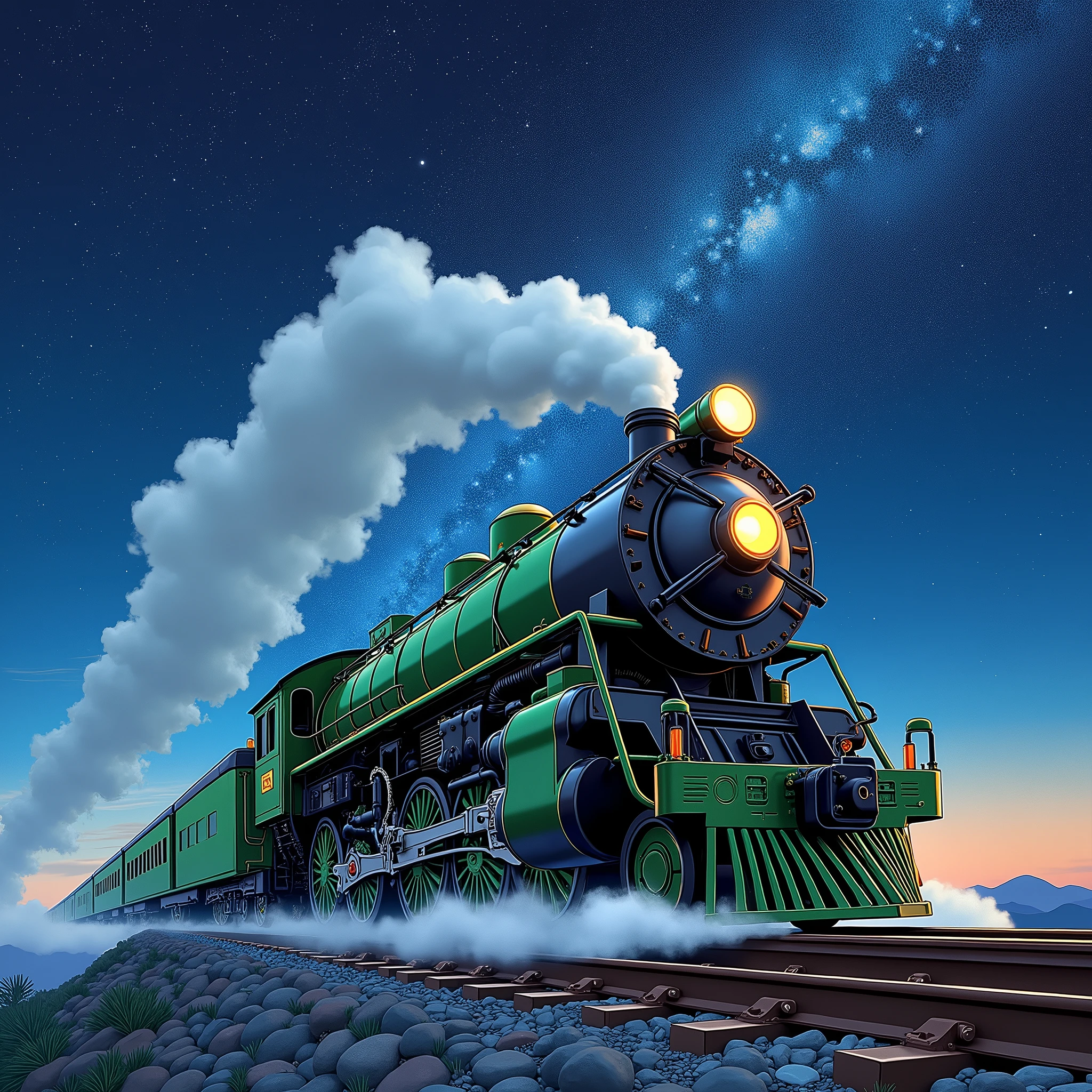 A steam locomotive flying through the starry sky、Galaxy Express 999、Starry sky themed artwork、Japanese steam locomotive C62、The body is a beautiful green