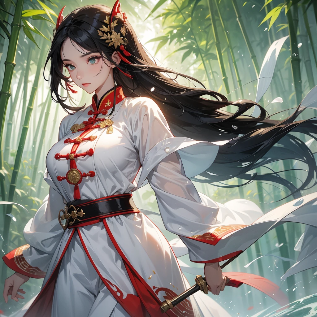 a beautiful woman black-haired female general holding a large sword in white-red ancient Chinese general costume, the back is a lush green bamboo forest. the air after rain has water droplets splashing around.