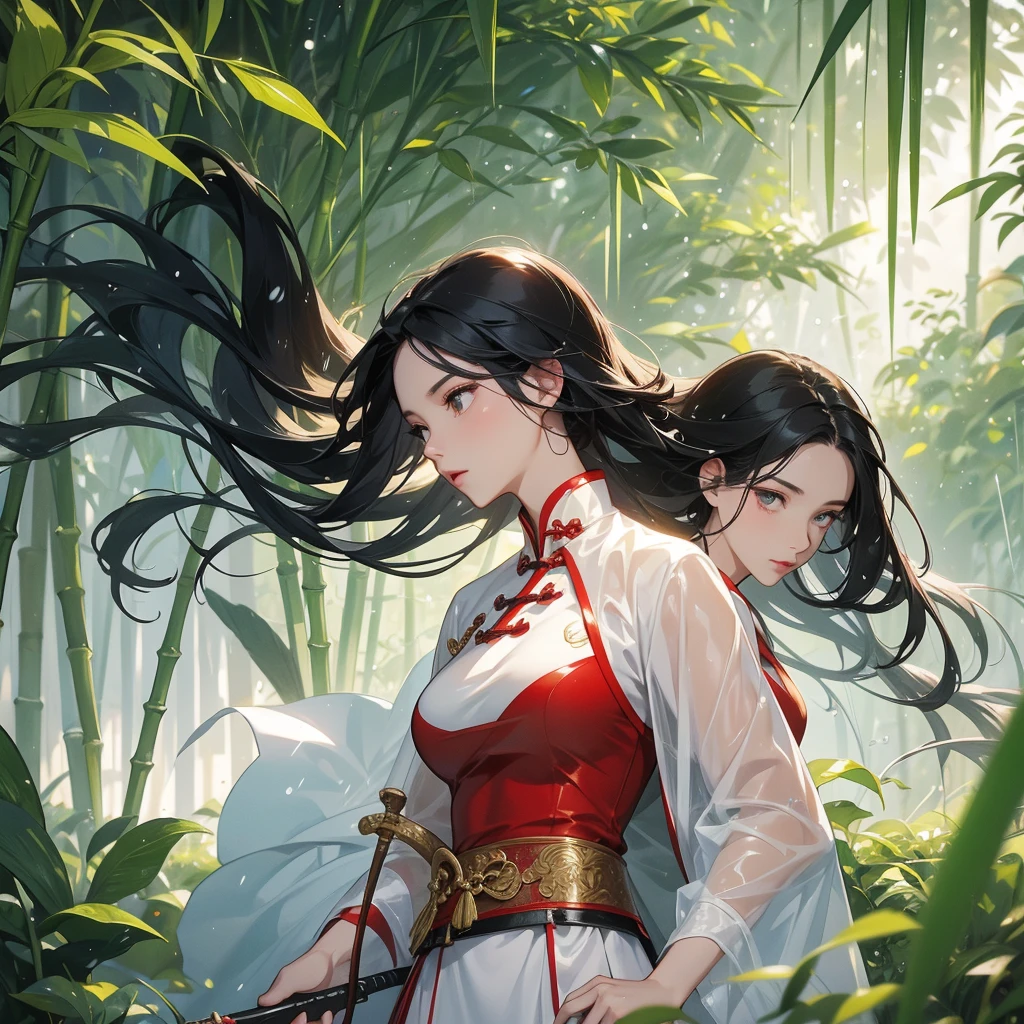 a beautiful woman black-haired female general holding a large sword in white-red ancient Chinese general costume, the back is a lush green bamboo forest. the air after rain has water droplets splashing around.