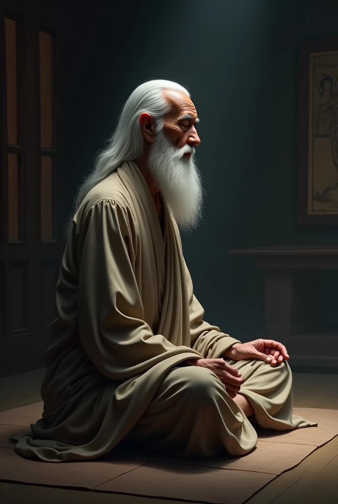 Old buddisht Monk White Beared White long Hears Close eyes sitting side way in dark room