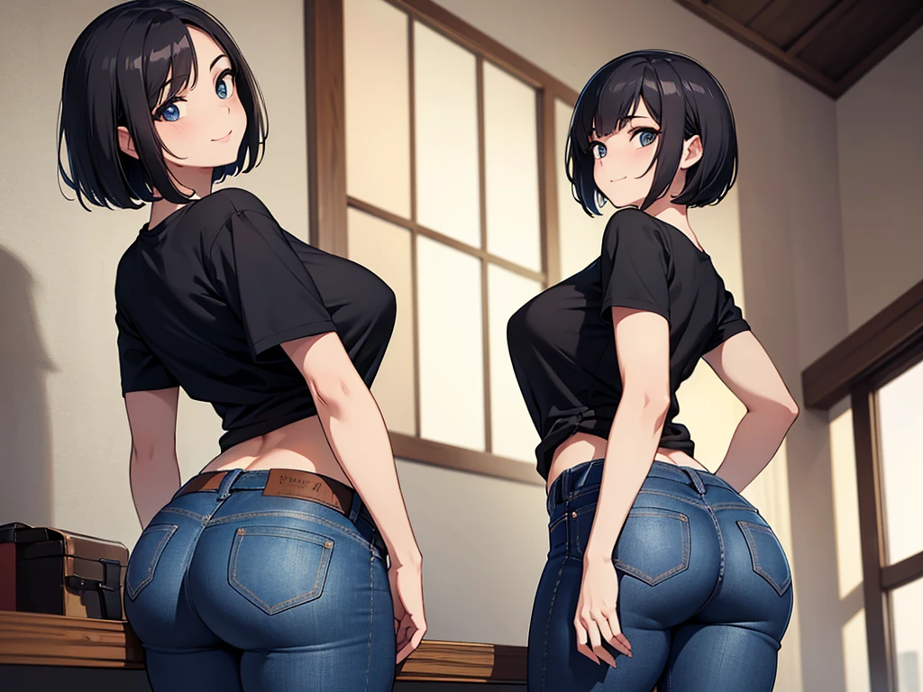 masterpiece, best quality, high definition images, atmospheric perspective, expressive eyes, perfect face, ultra detailed, solo, 1mature seductive woman alluring, back view, sticking butt, leaning down, calm smile, black short bob hair, T-shirt, low-rise skinny denim pants, look ecstasy, curvy, from below,
