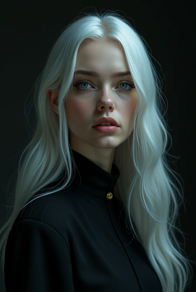 (front focus),(in the dark:1.6), Hyperrealist portrait of female by david hockney and alphonse mucha,fantasy art, photo realistic, dynamic lighting, artstation, poster, volumetric lighting, very detailed faces, 4 k, award winning,, 1girl, in the dark, deep shadow, low key,cowboy shot,(official clothing:1.4) ,long hair,white hair,