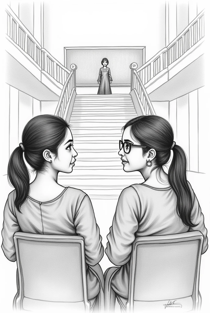 a pencil drawings of two girls in first bench talking in a college class room and the teacher and board is in front of them but at a top of a big stair one girl has short hair and other girl long hair ponytail and spectacles both of them are wearing a kurti