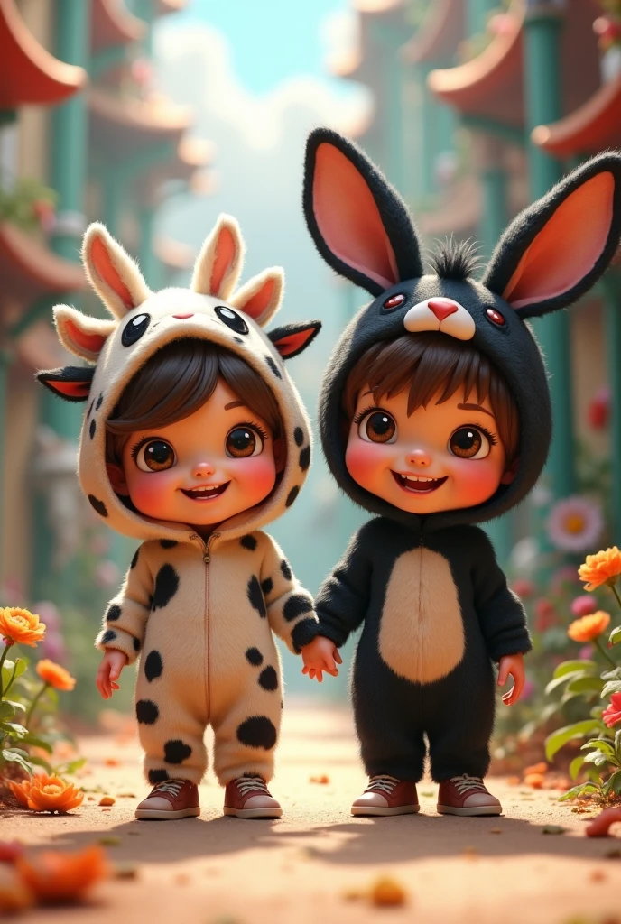 DISNEY PIXAR GIRL WITH BROWN EYES DRESSED AS A COW HOLDING THE HAND OF A BOY WITH BROWN EYES DRESSED AS A BLACK RABBIT