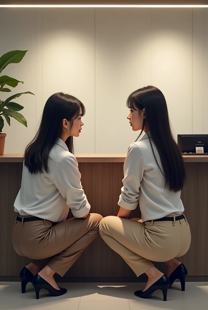 Interview at reception with a white shirt and beige trousers without the faces of two women crouching down