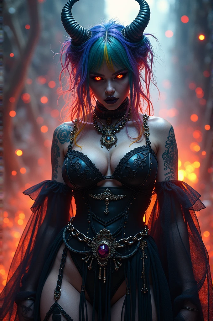 Stunning beauty of magical tattooed ghotic demon lady, realistic high detail, sharp detail, furious face, caucasian ethnicity, sharp teeth, lips piercing, rainbow collored messy hair, curvy plump body, shimmering eyes, exoskeleton armor, intricated raven shogun short armor, colorful harajuku crystal kimono, hibiki, mythril armor, high thigh, chaotic field, queen pose, windblows, realistic, hiding in dark cave, cyberpunk theme, glow, vibrant light, ornamental chain knots, webbing, cinematic, burst of horror effect, fractal aura, jewelry, full length image, bokeh