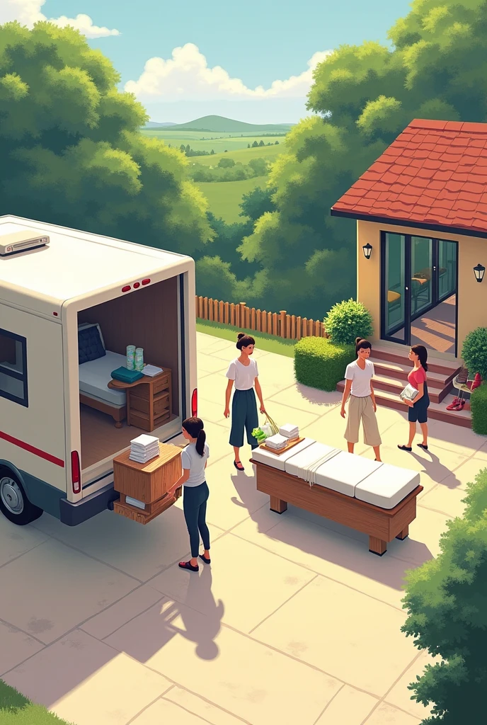 "Illustrates a home spa vehicle with spa items being unloaded. Show people, including girls in charge of the spa, disassembling and transporting items from the vehicle to the house, entering through the door. inside, highlights the installation of a massage table and a comfortable chair, showing how space is transformed into an oasis of luxury."