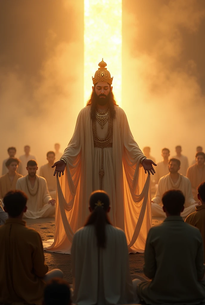 (photorealism:1.2), hindu god vishnu having crown on head and giving lecture to meditating crowd , golden light at back ,mystic background, calmness on face , large landscape . 