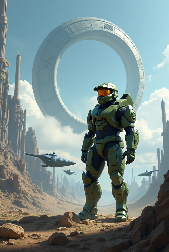 To create a picture of the world of Halo, It depicts a futuristic landscape with a floating space ring on the horizon and metal structures. Includes iconic characters like Master Chief in his green armor, vehicles like the Warthog and spaceships like the Pelican. Add details like futuristic weapons and alien structures to capture the essence of the Halo universe.